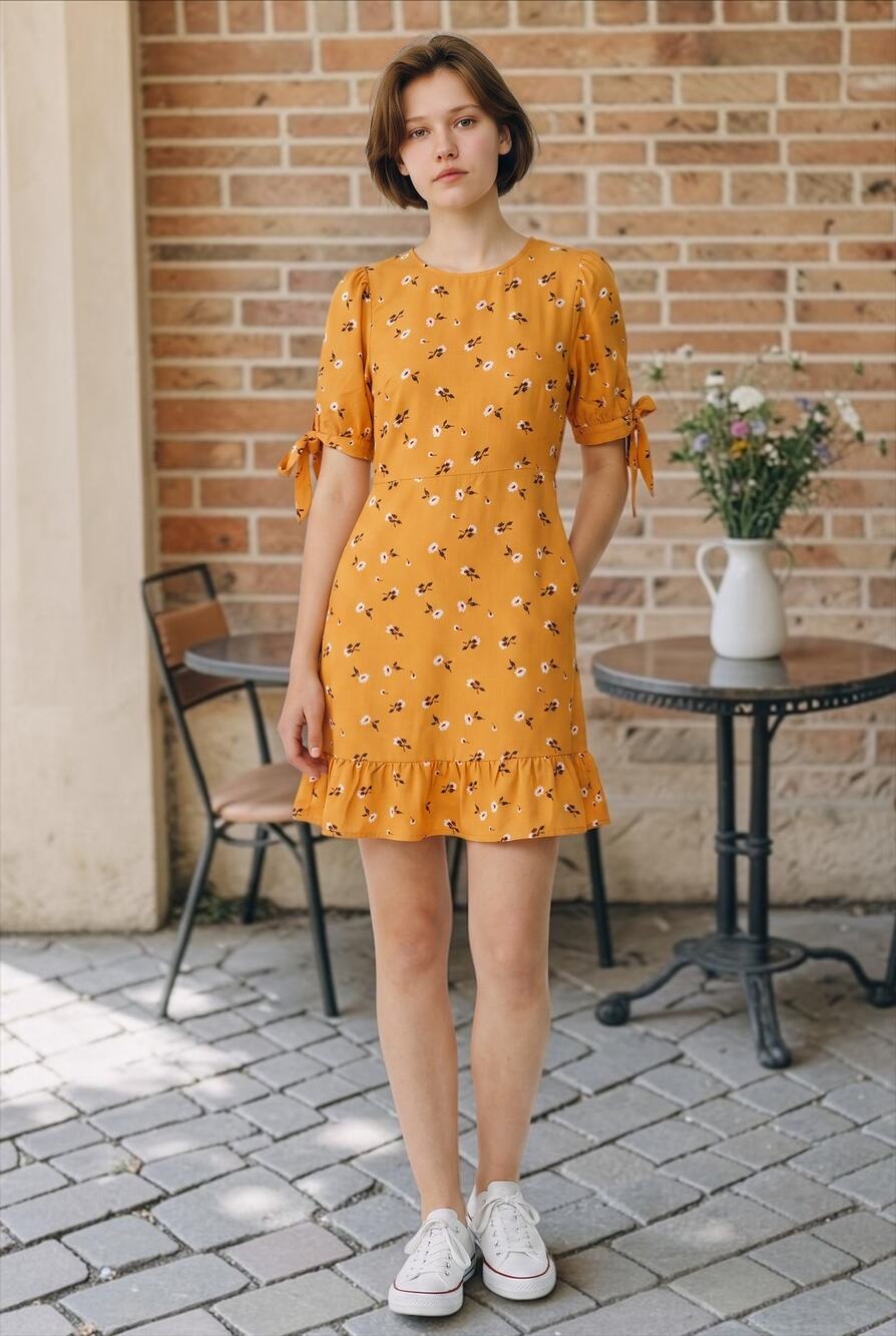 Vero Mada XS Golden Yellow Floral Dress Tie Sleeve Ruffle Hem Mini NWT Cute Boho